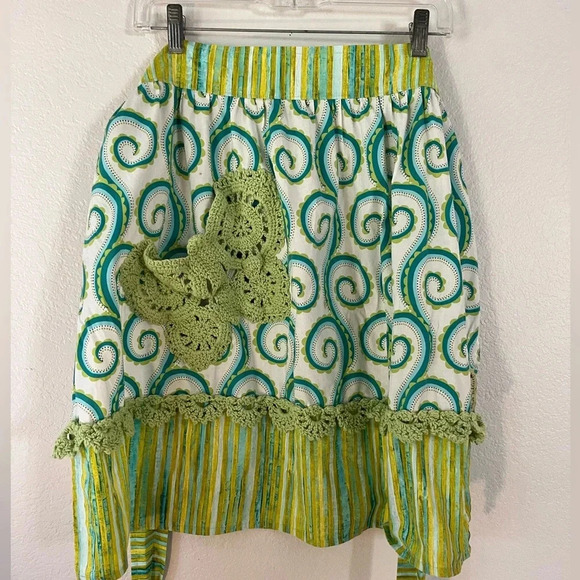 Handmade Apron Crochet details Handsewn Groovy Colors green and Gold 70s style - Picture 6 of 8